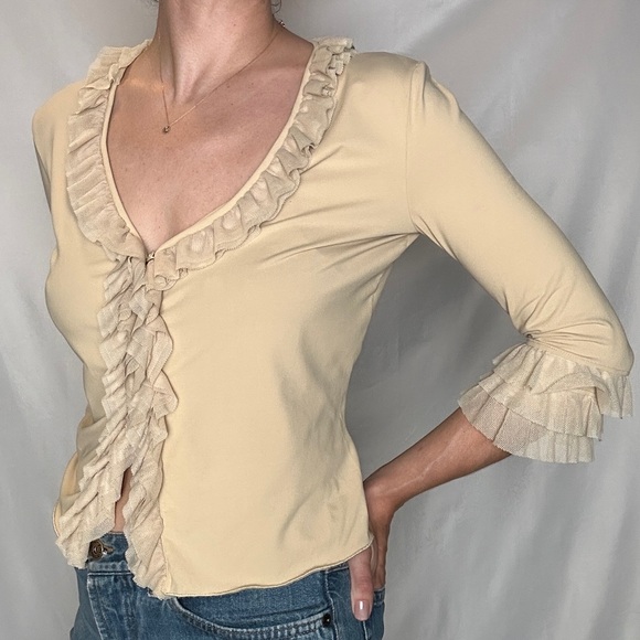 Moschino Jeans Beige Mesh Ruffle Trim Cardi/Blouse - Picture 6 of 11